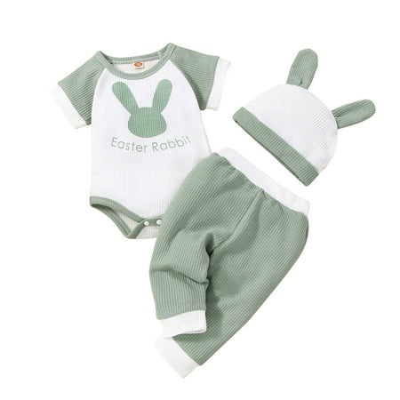 

QWERTYU Newborn Infant Baby Toddler Girl Boy 3PCS Short Sleeve Outfit Bodysuit and Pants Set Summer Clothing Set with Hat Green