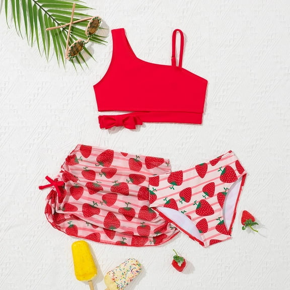 Delliss Girls 3pcs Bathing Suits Bow Top Strawberry Printed Drawstring Skirt Beach Swimwear Hawaiian Set with Cover Ups Skirt