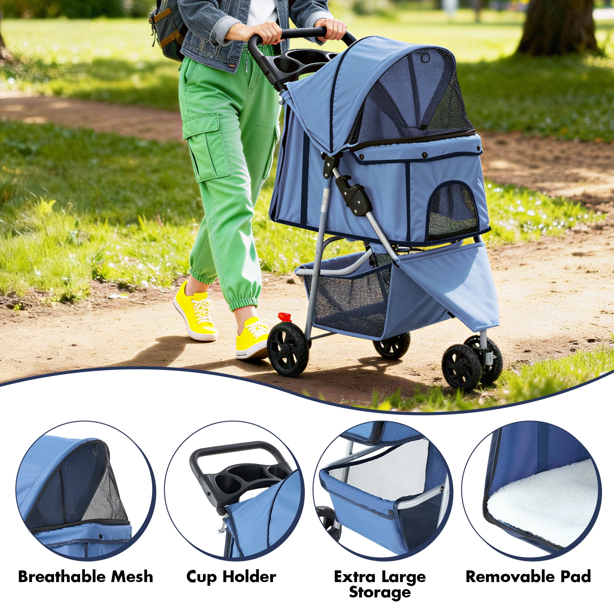 Gianna 3-Wheel Pet Stroller for Dogs, Jogging Stroller with Breathable Mesh Window, Large Storage Basket and Cup Holder