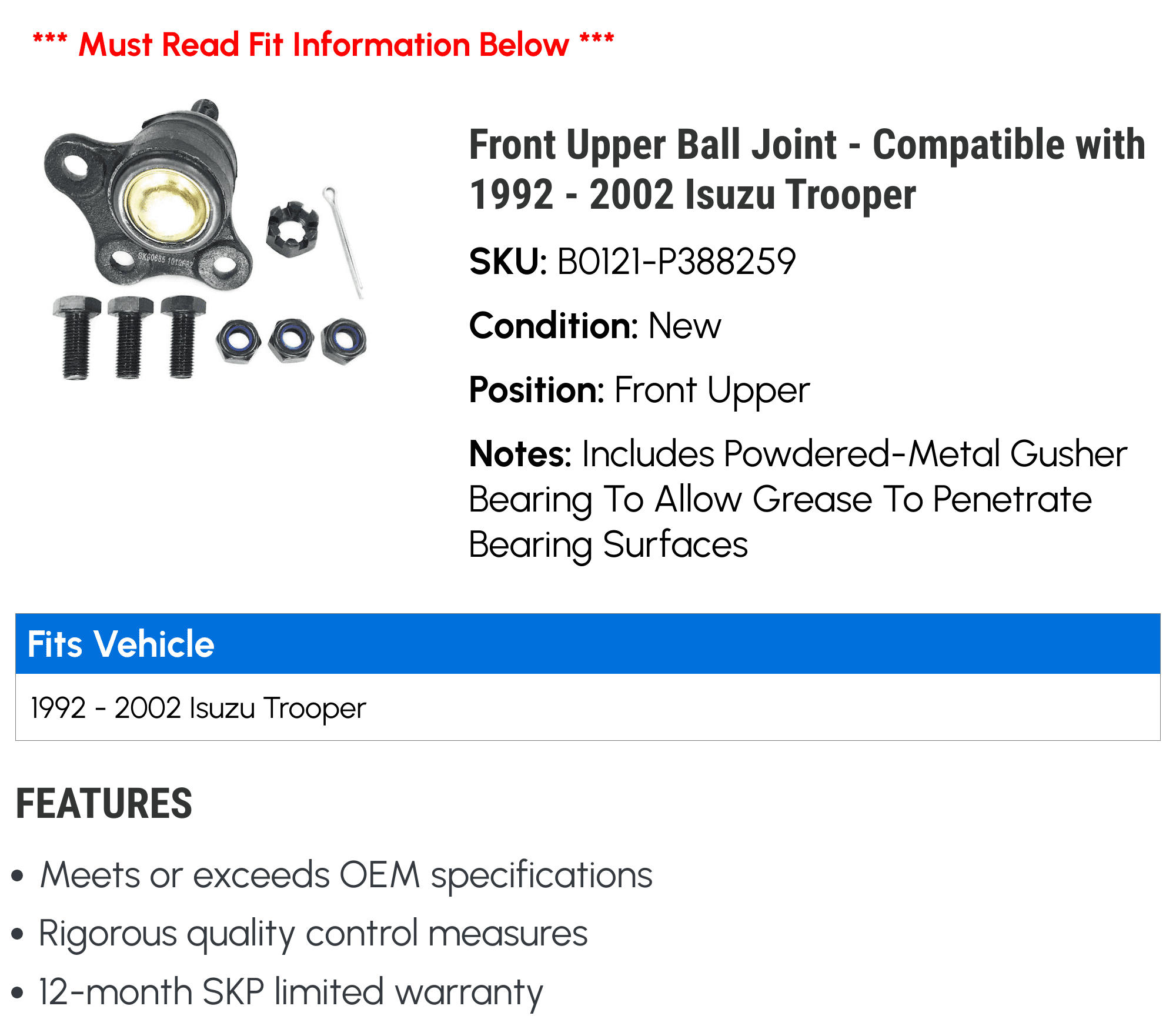 Front Upper Ball Joint - Compatible with 1992 - 2002 Isuzu Trooper 1993 1994 1995 1996 1997 1998 1999 2000 2001