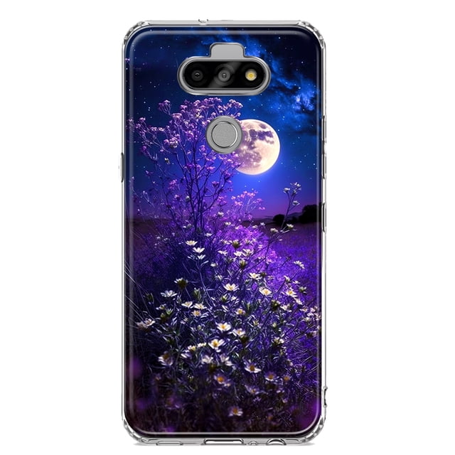 MUNDAZE LG Aristo 5/Phoenix 5/Risio 4 Shockproof Clear Hybrid Protective Phone Case Spring Moon Night Lavender Flowers Floral Cover