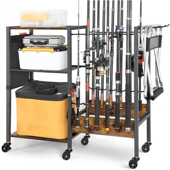Fishing Rod Holders Rolling Cart with Tackle Storage Organizer for Garage, Boat, Home, Entryway