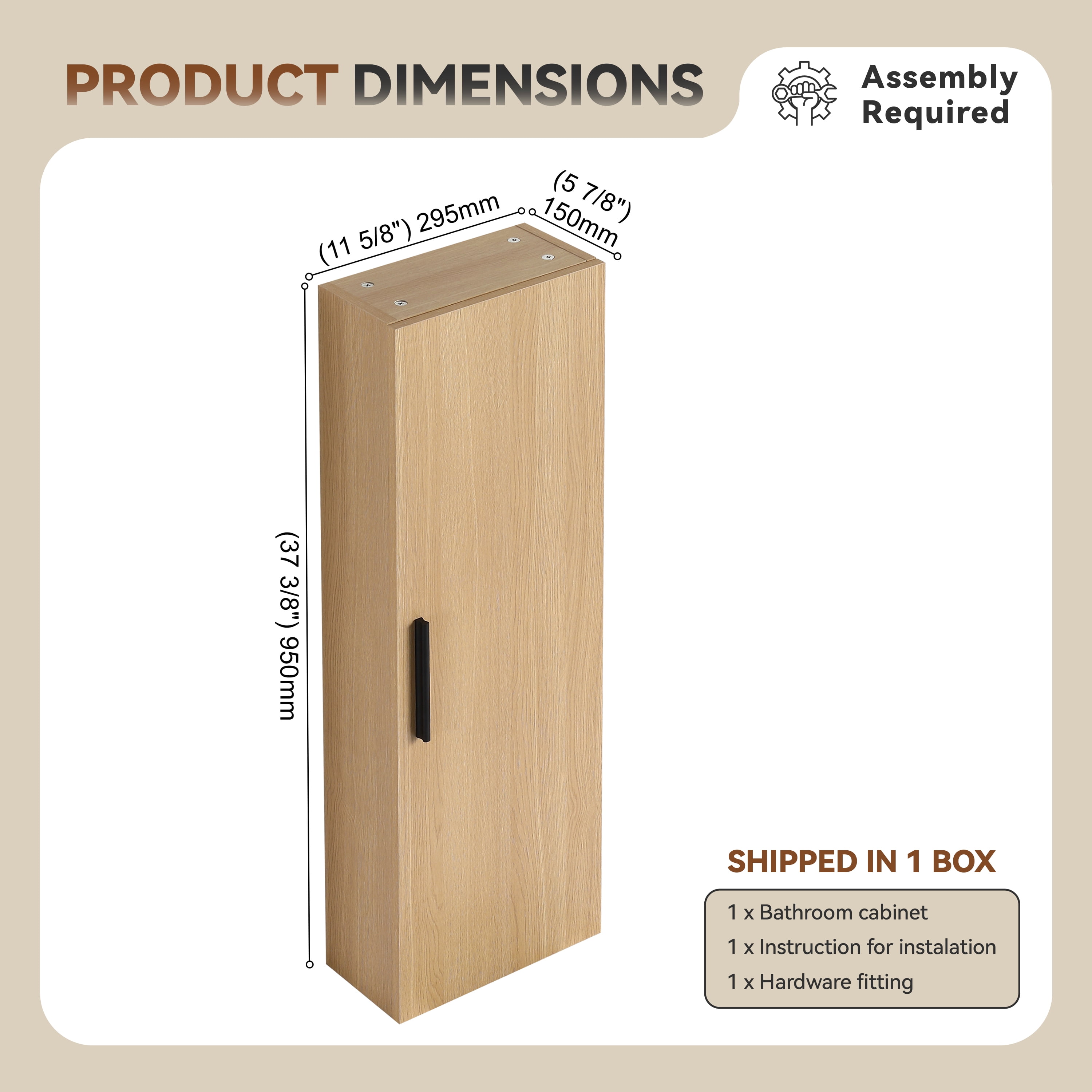 12" Tall Floating Bathroom Side Cabinet, Light Oak Plywood Linen Cabinet, Wall-Mounted Single Door Storage with Black/Aluminum Handles