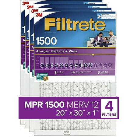 Filtrete 20x30x1  AC Furnace Air Filter  MPR 1500  Healthy Living Ultra Allergen  4-Pack exact dimensions 19.84 x 29.84 x 0.78