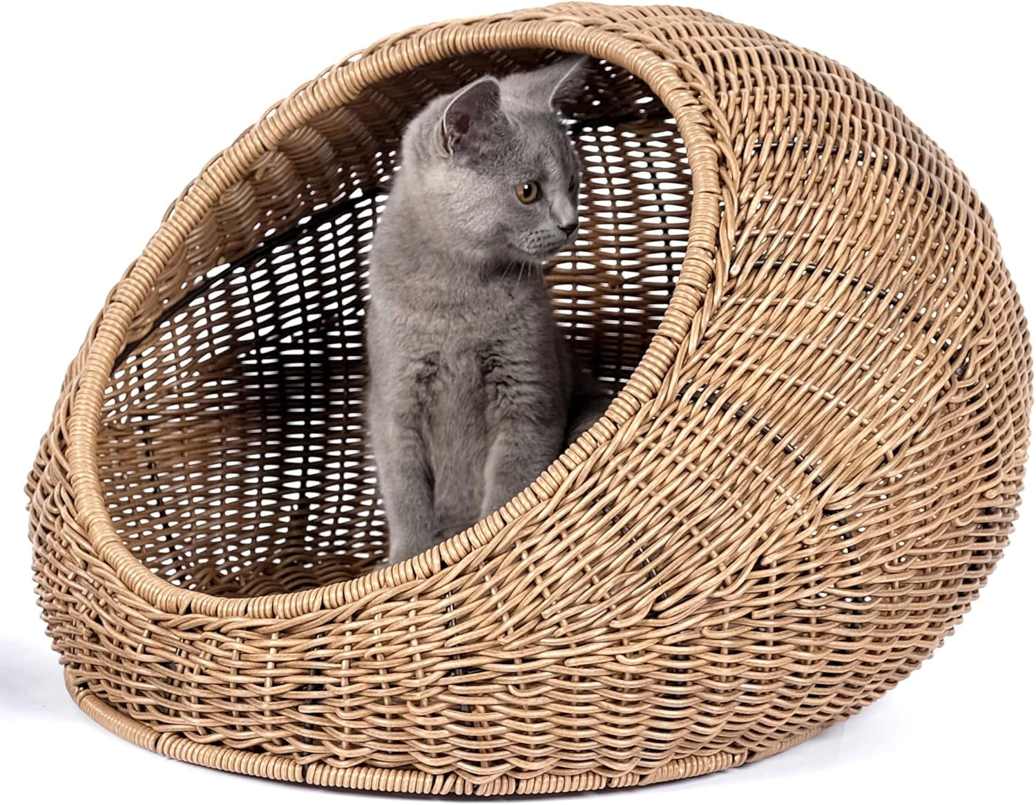 Wicker Cat Bed Dome for Medium Indoor Cats - a Covered Cat Hideaway Hut of Faux Rattan Houses Pets in Dome Basket, Washable