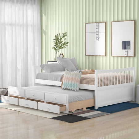 Full Size Daybed with Trundle and 3 Drawers  Wood Captain s Bed Platform Bed for Kids Teens Adults  White