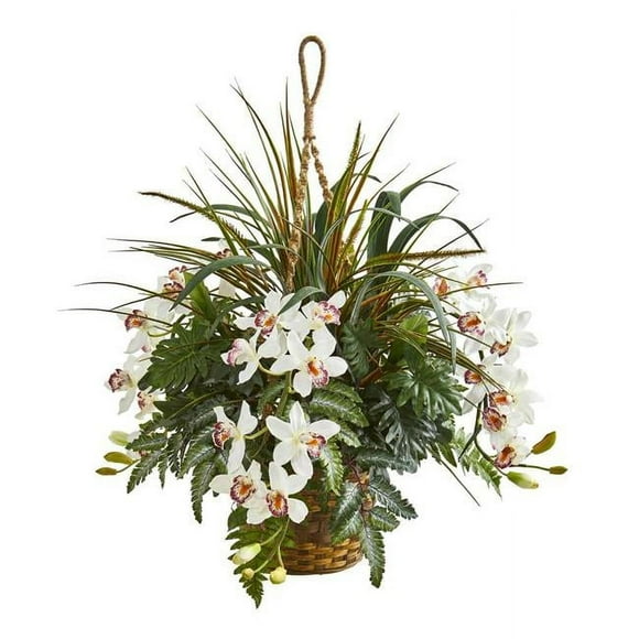 Nearly Natural 8382 29 in. Cymbidium Orchid & Mixed Greens Artificial Plant Hanging Basket