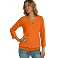thumbnail image 4 of Womens 3/4 Sleeve Shirts Banded Bottom V Neck Summer Tops Loose Fit Casual Dressy Basic Tees Saffron S, 4 of 5