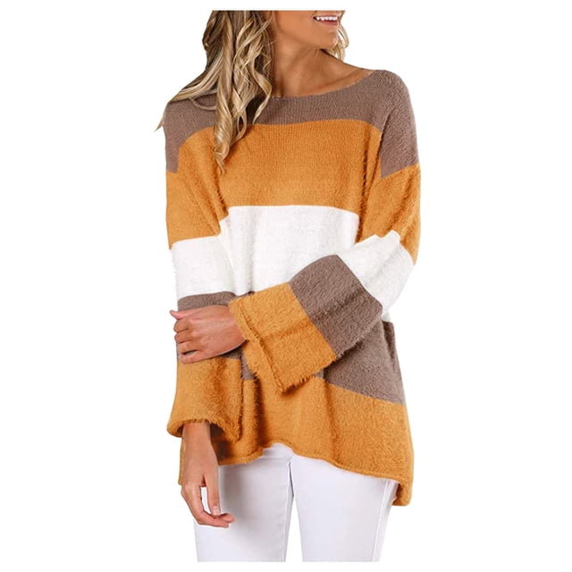aDJFDGT Chandails pour Femmes 2021 Hiver Femmes Décontracté Nouveau Rayé Doux Mode Chandail