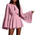 thumbnail image 2 of Karymi Solid Satin Romper Dress, Crew Neck Front Keyhole Cutout Bell Long Sleeve A-Line Mini Dress with Adjustable Self Tie Waist Layered Hem Dresses for Women, 2 of 9