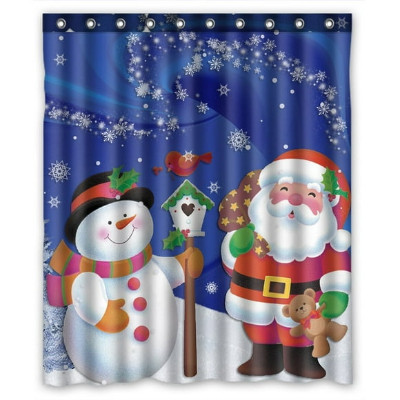 GCKG Merry Christmas Xmas Santa Claus Snowman Bathroom Shower Curtain, Shower Rings Included Polyester Waterproof Shower Curtain 60x72 Inches
