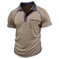 thumbnail image 5 of Men's Collared Polo Shirt Short Sleeve Contrast Trim & Pocket Casual T-Shirt Stylish & Breathable For Spring And Summer Daily Wear Tops,Khaki,XL, 5 of 5