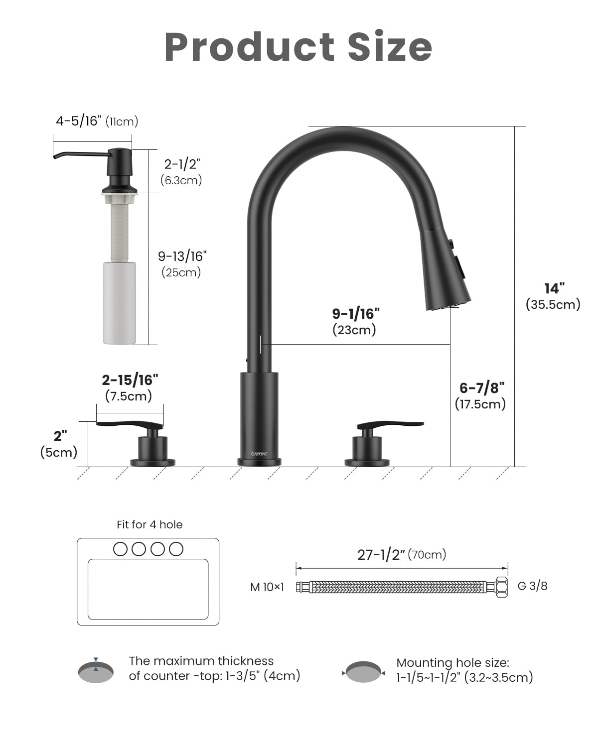 DAYONE Matte Black 3 Hole Kitchen Faucet with Separate Handle and Pull Down Sprayer, 2 Handle Sink Faucets for Kitchen RV Laundry Bar