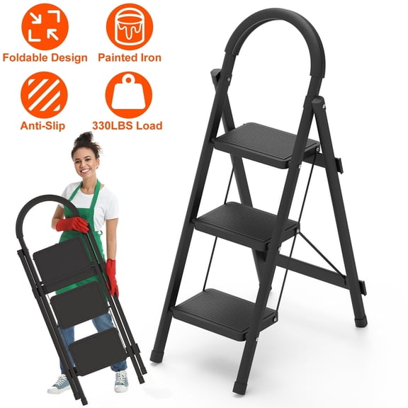 Moclever 3-Step Foldable Ladder, Portable Lightweight Step Stool 330lbs Load Capacity with Wide Anti-Slip Pedal Safety Locking Design for Household Kitchen Office, Black
