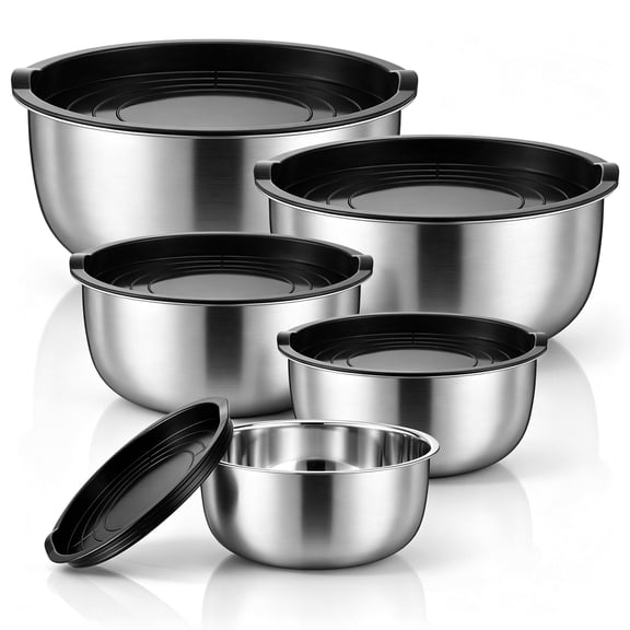 Vesteel Stainless Steel Mixing Bowls, 5 Pcs Metal Nesting Bowls with Airtight Lids, Stackable Salad Bowls for Baking, Prepping & Serving, Dishwasher Safe, 5/3/1.7/1.2/0.8 QT, Black
