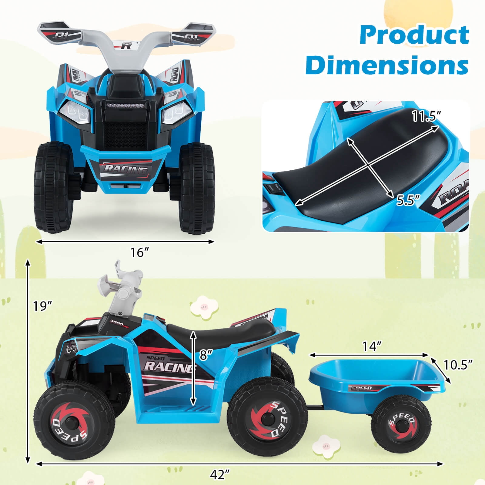 Costway Kids Electric ATV Car, 6V Battery-Powered Ride on Toy wirh Removable Back Trailer Blue