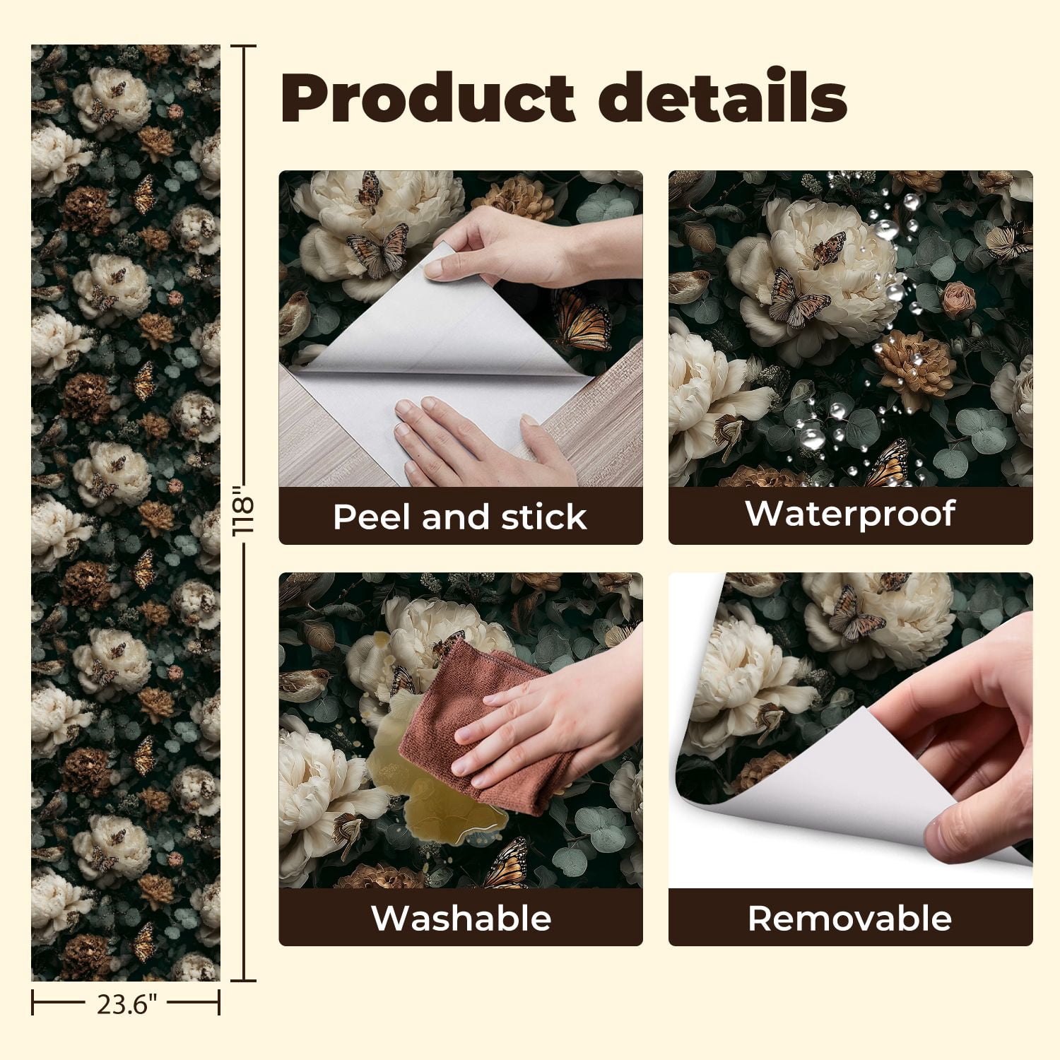 Peel and Stick Wallpaper Delicate Butterflies Blooms Elegant Floral Garden Wall Mural 23.6in x 9.8ft Self Adhesive Removable Wall Paper Renter Friendly Wallpaper for Bedroom Livingroom Office Studio