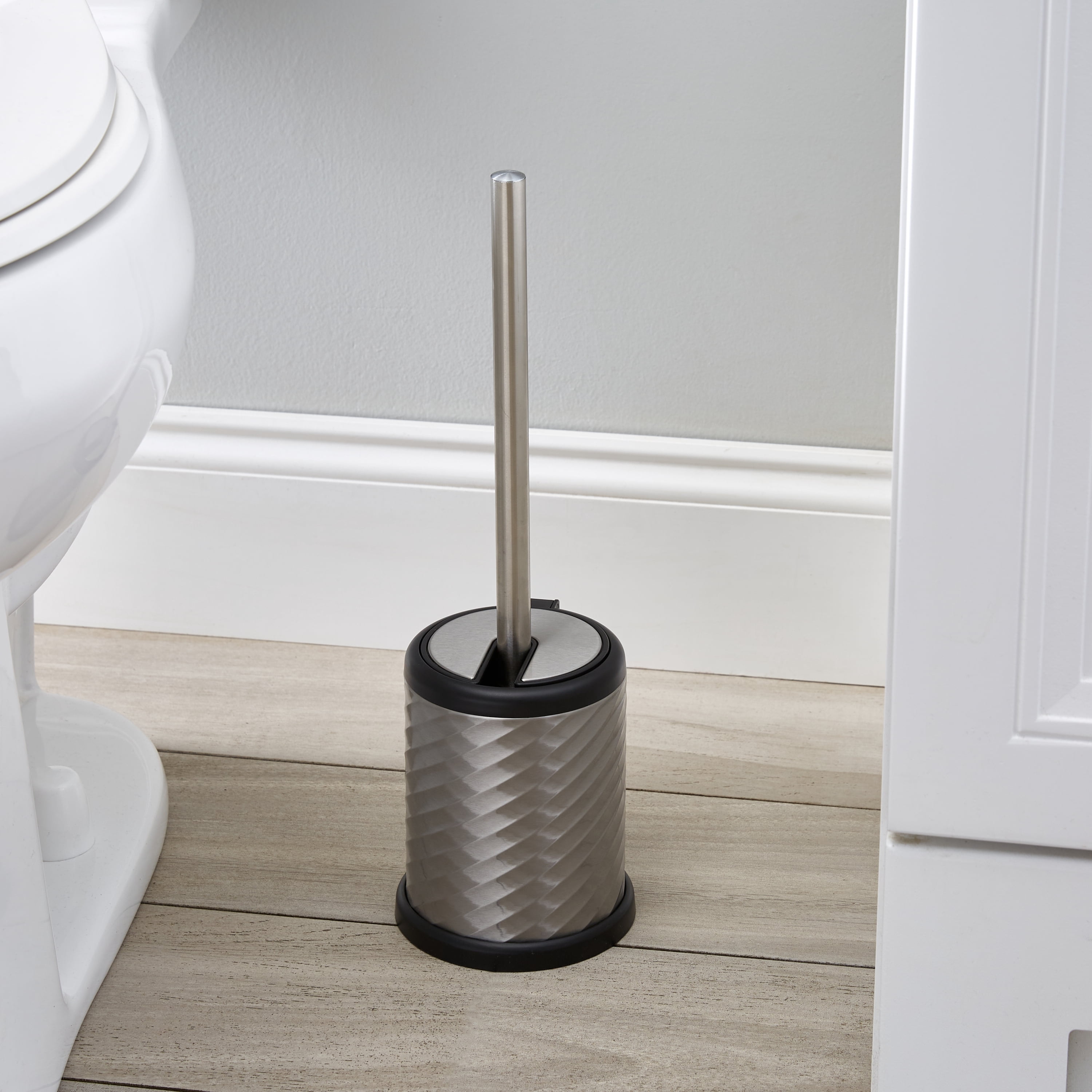 Bath Bliss 2 Pack Self Closing Lid Toilet Brush and Holder in Stainless Steel Swirl
