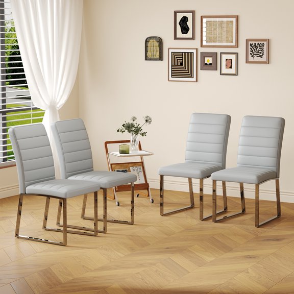 Dining Chairs Set of 4 Upholstered Modern Gray Backrests Silver Metal Legs for Dining Room Table Kitchen Restaurant Office Farmhouse