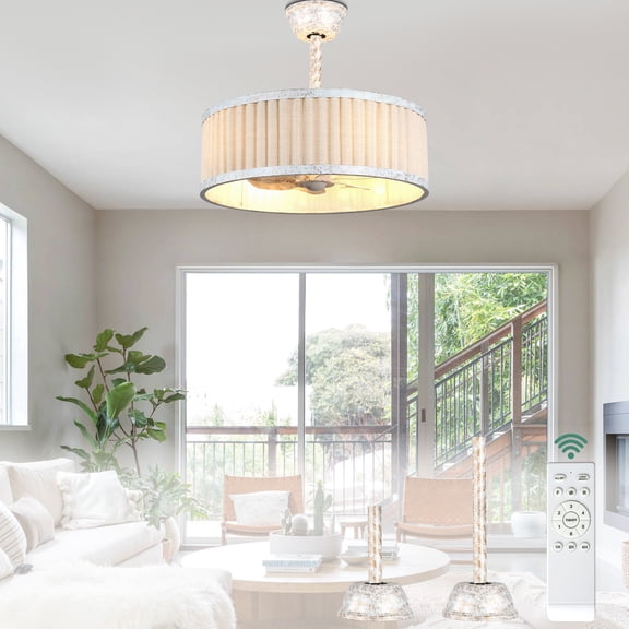 Cusp Barn 20" Vintage White Farmhouse Drum Caged Ceiling Fan with Lights, 6 Speeds DC Motor Bladeless Fandelier Ceiling Fan with Remote