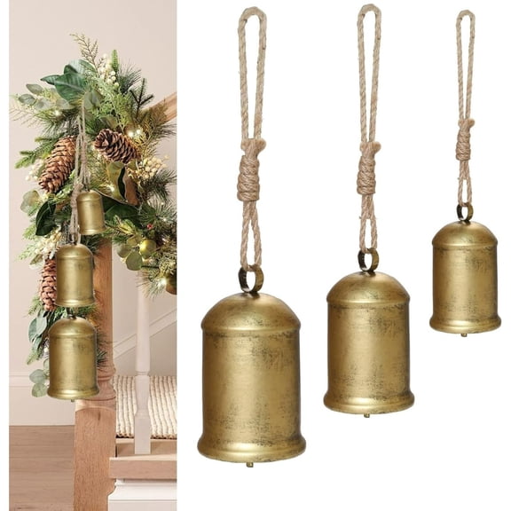 Set of 3 Christmas Bells for Decoration, Vintage Metal Cow Bells (8in, 6in, 4in) with Jute Hanging Rope for Rustic Home Decor, Wreaths, Garlands, Trees, Doors, and Windows