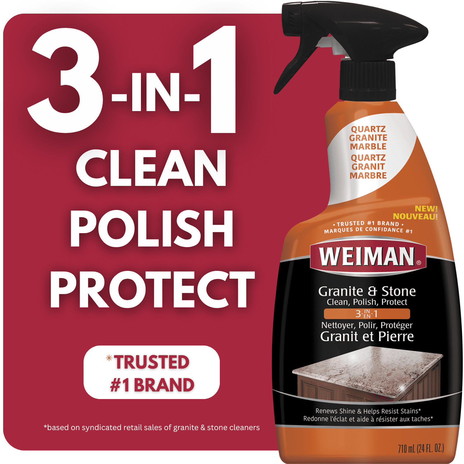 Weiman Nettoyant pour granit 3 en 1, spray de polissage et de protection, renouvelle la brillance, résiste aux taches, 710 ml Nettoyant pour granit 3 en 1 Weiman