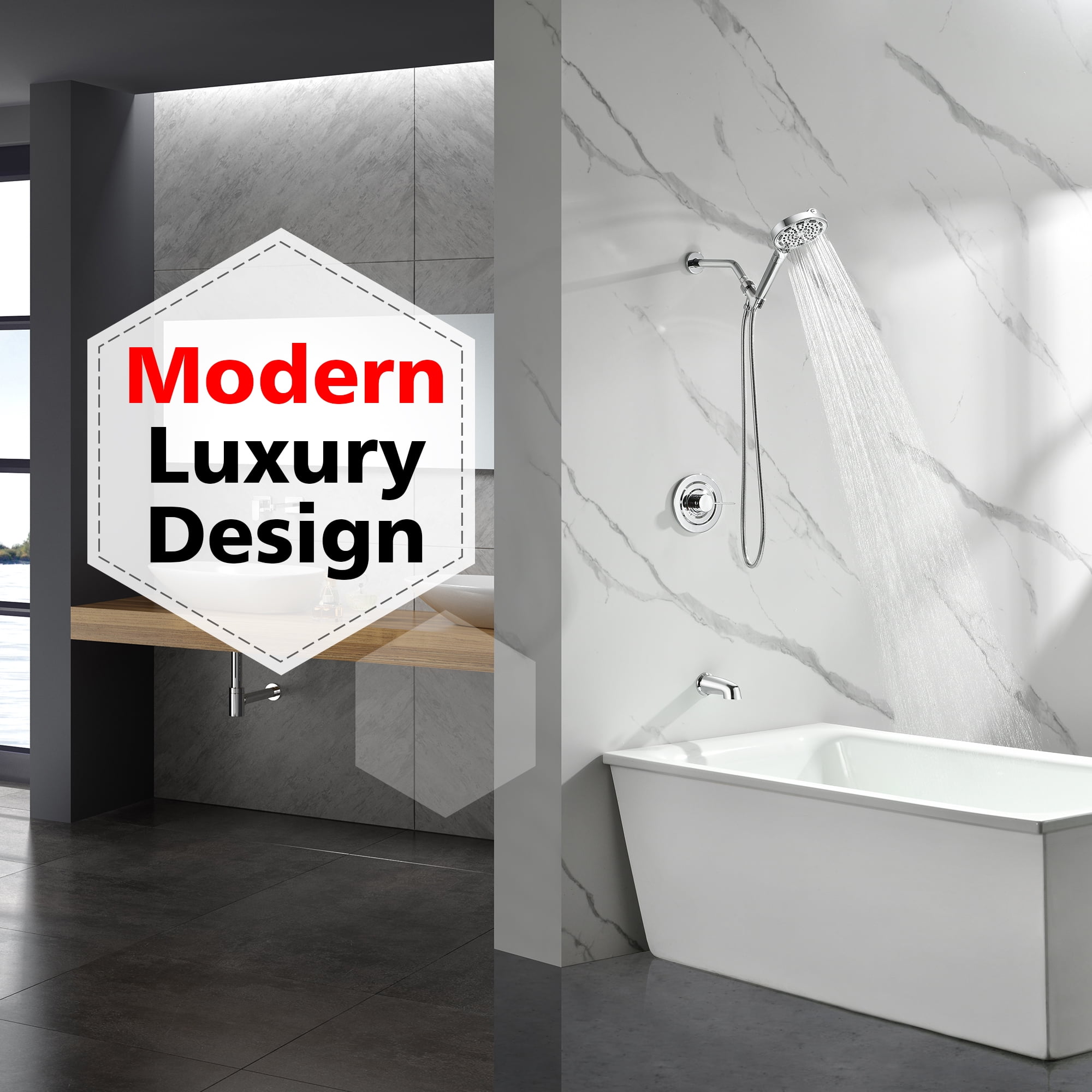 SUMERAIN Modern Bathtub Shower Faucet Set with 6-Spray Filtered Handheld Shower, High Flow Shower System Set Chrome Finish