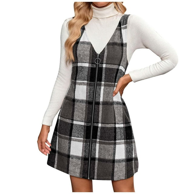 FRSASU Robe Salopette à Carreaux pour Femme, Fermeture Éclair devant, Col en V, Sans Manches, Tricot Ample, Robe Chasuble, Gris Foncé, TTG (TTG)
