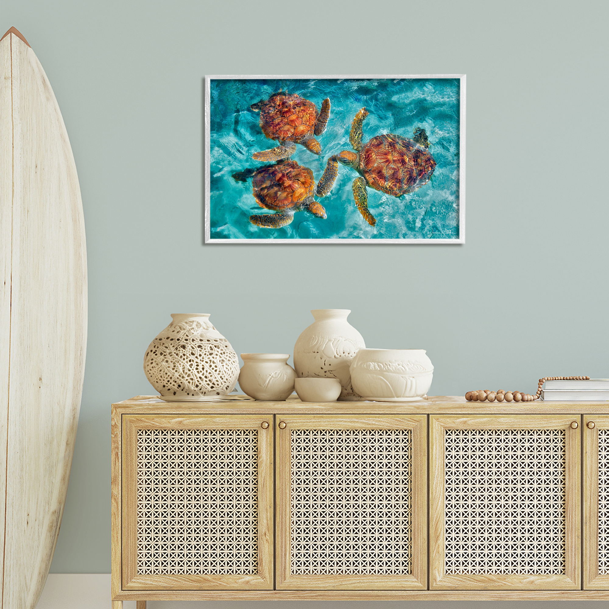 Stupell Industries Swimming Tortoise Trio Animals & Insects Painting White Framed Art Print Wall Art, 30 x 20