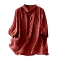 thumbnail image 2 of Women's Floral Print Linen Shirts Solid Color 3/4 Sleeve Lapel Button Embroidered Casual Top Red, 2 of 9