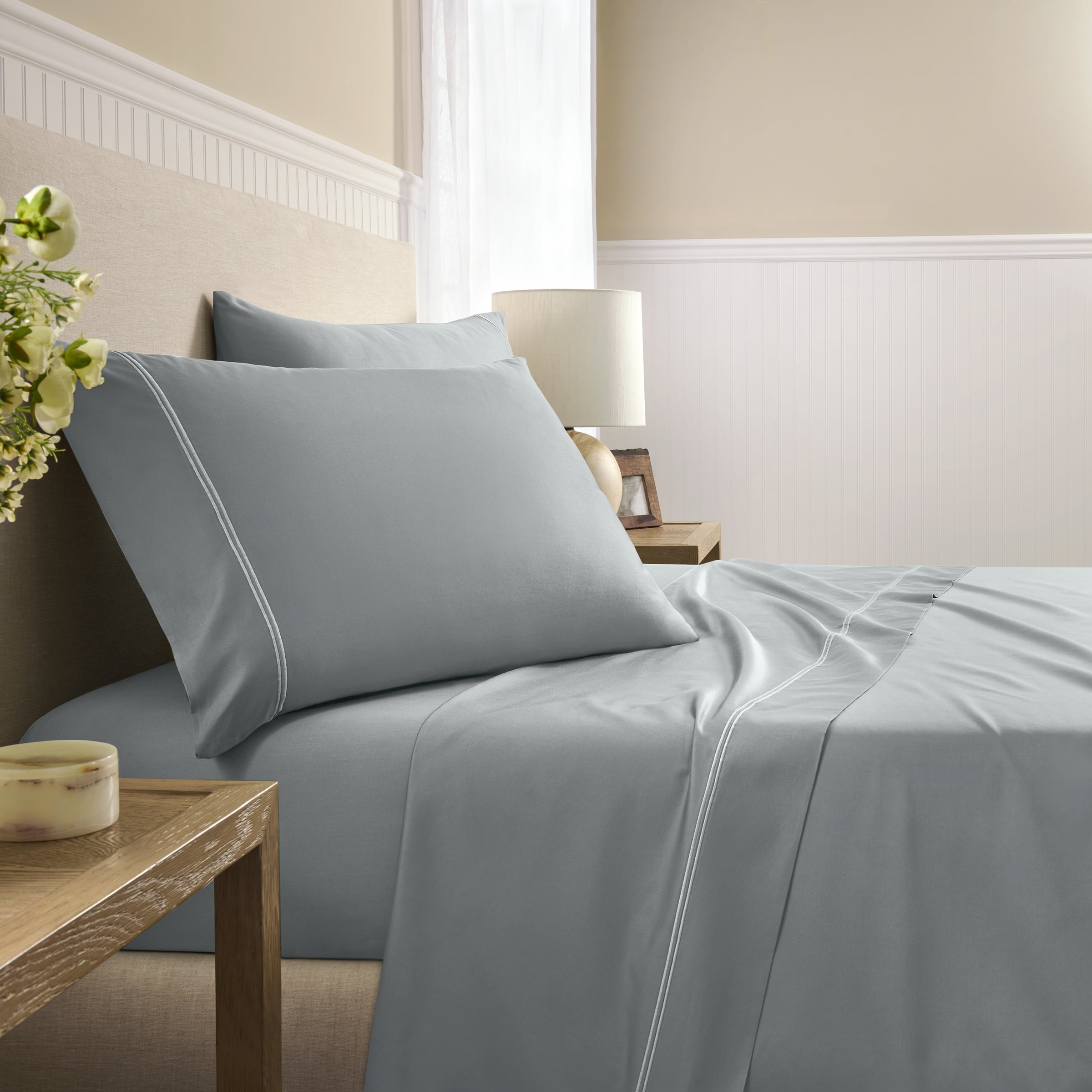 Wamsutta 1846 4-Piece 650 Thread Count Gray Flannel Egyptian Giza Cotton Sateen Bed Sheets, King-Deep Pocket