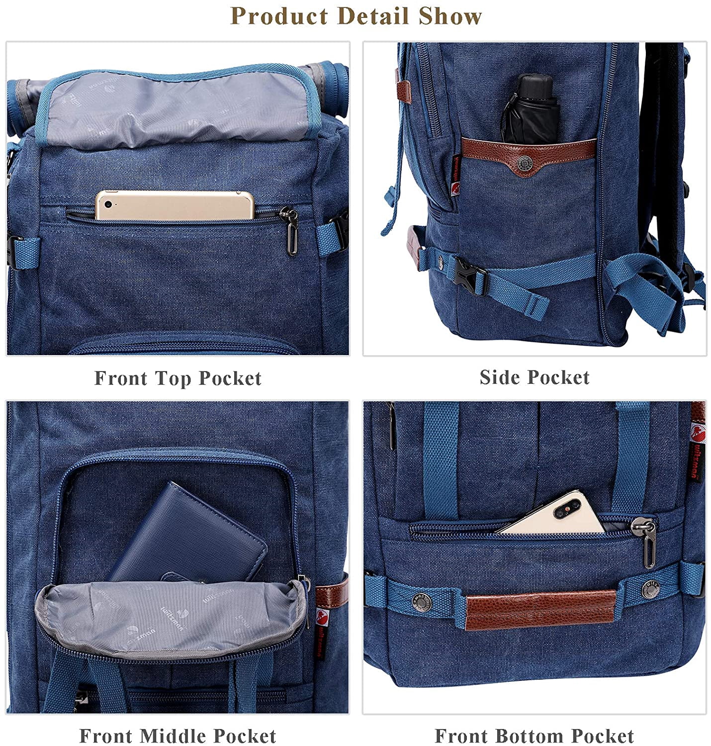 WITZMAN Travel Backpack for Men Large Canvas Backpack Luggage Carry on Duffel Bag A519-1 Blue