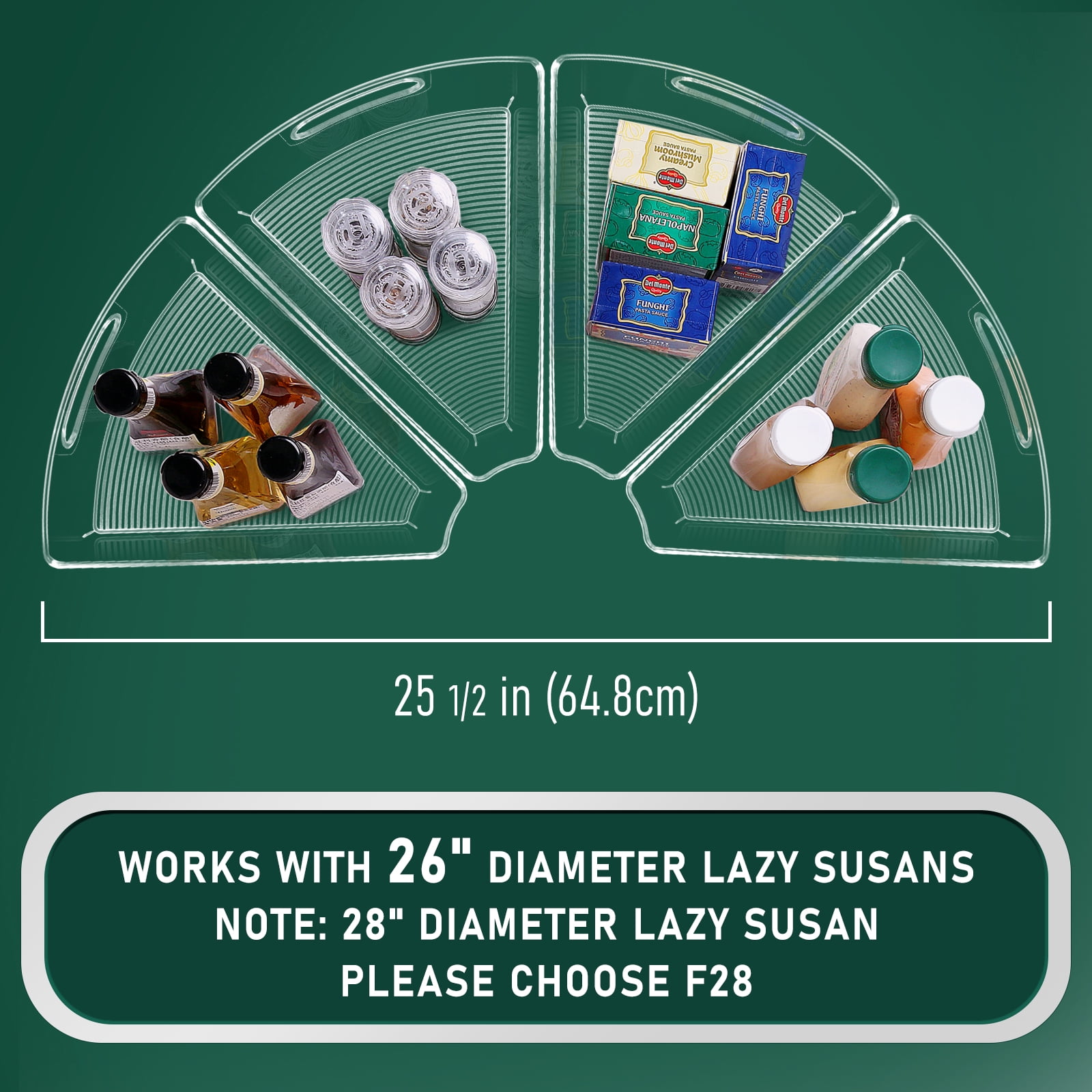 Lazy Susan Cabinet Organizer Bins for 26"/ 28"/ 32" Diameter Corner Organizer, Plastic Cabinet Storage Bin, 1/8 Wedge - Food Safe, BPA Free, with Non-Slip Pads (for 26" Diameter, 4 Pack)