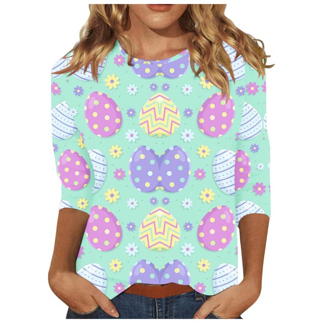 Outfmvch Cadeaux de Pâques Manches 3/4 Hauts pour Femmes T-Shirts Graphiques pour Femmes Polyester Spandex 1 Pce Vert Menthe m