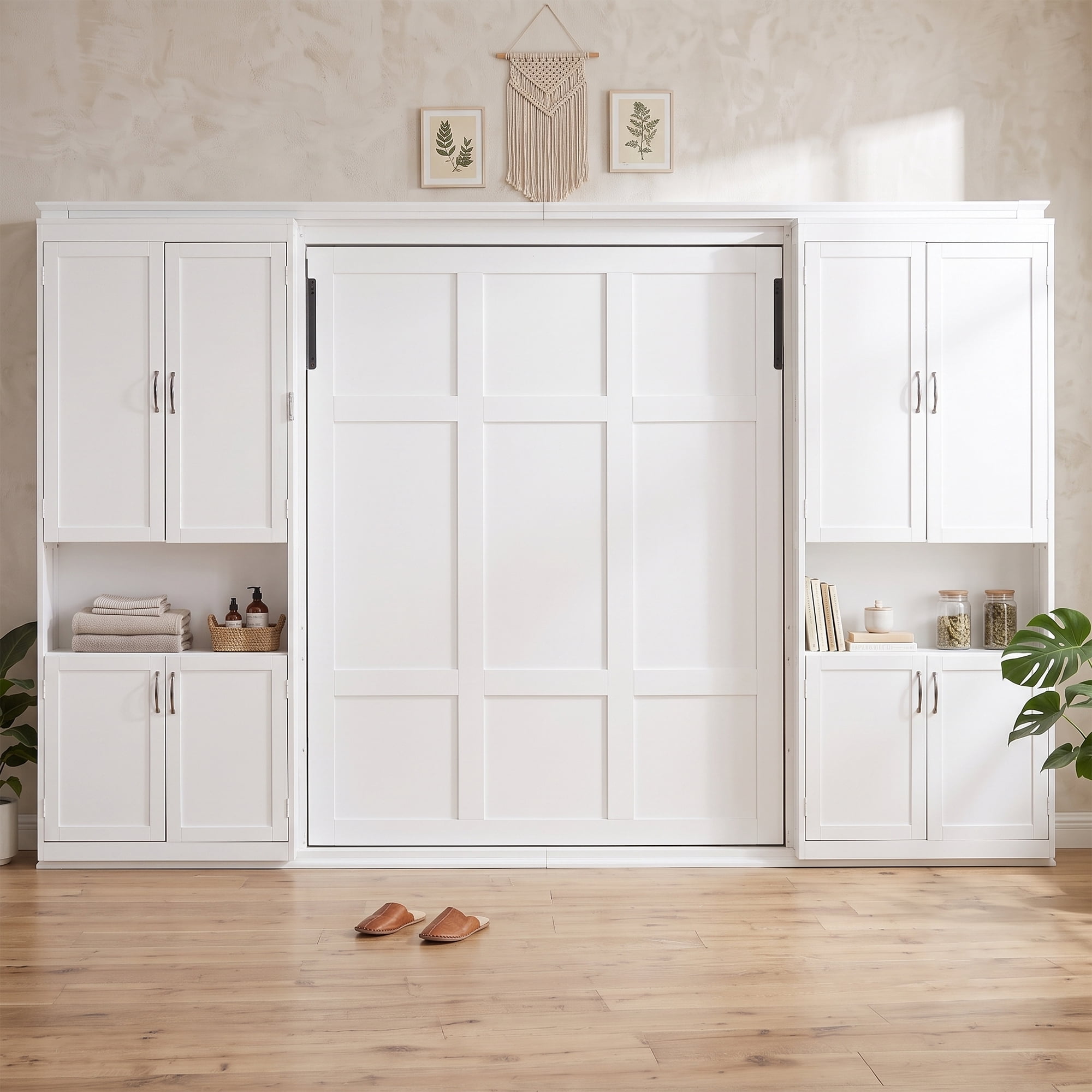 Queen Size Murphy Bed with Dual Sliding Storage Cabinets, 6-Tier Open Shelves, Space-Saving for Small Space, Guest Room