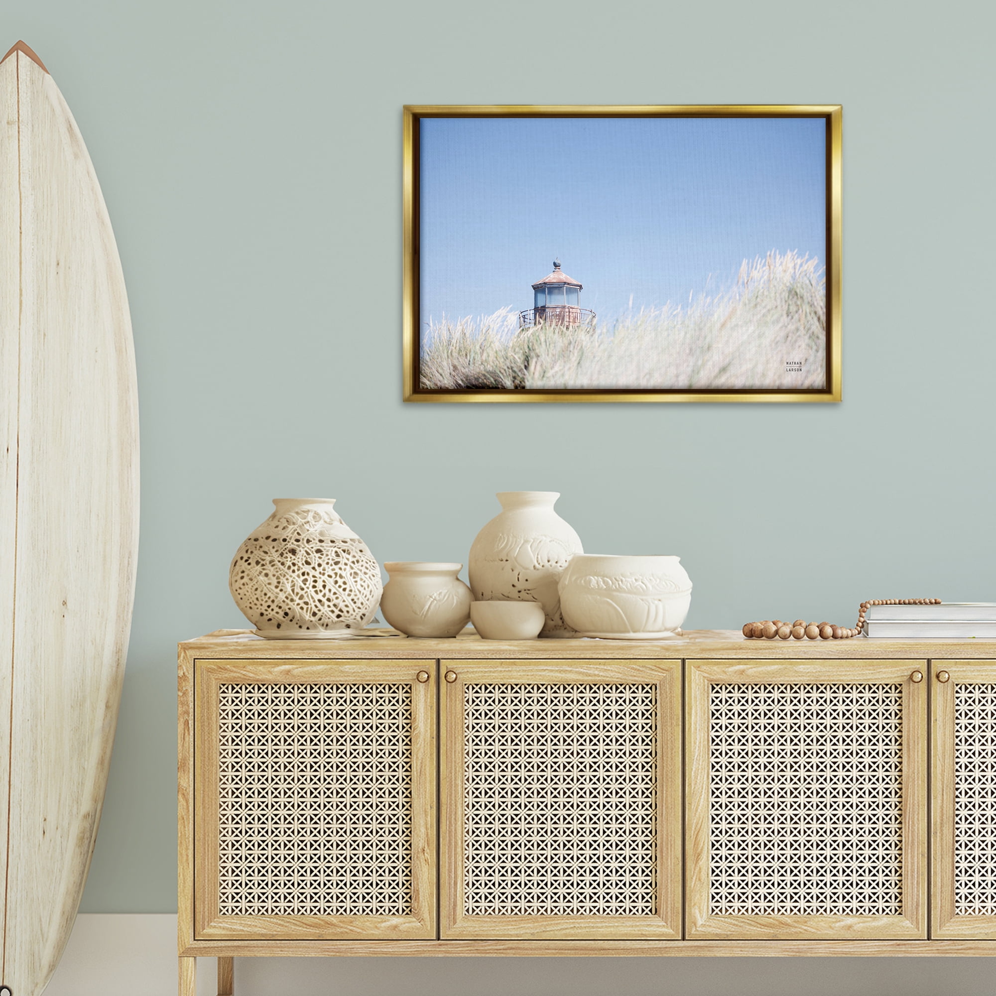 Stupell Industries Peering Over Lighthouse Landscape Photography Gold Floater Framed Canvas Art Print Wall Art, 31 x 21