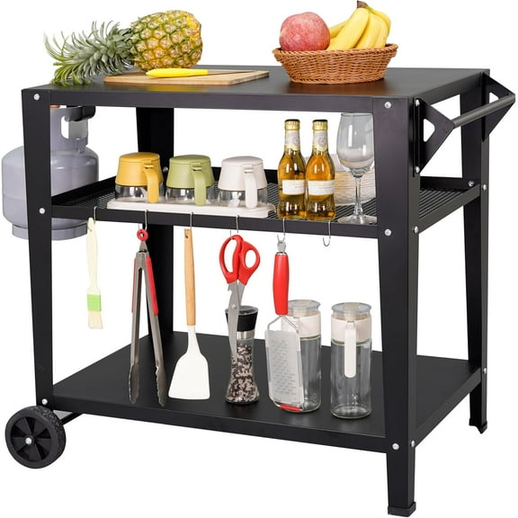 Black Outdoor Grill Cart with Wheels, Heavy-Duty 3-Tier BBQ Prep Table for Pizza Oven, Griddle, Patio – Rustproof Commercial Kitchen Cart with Tool Hooks
