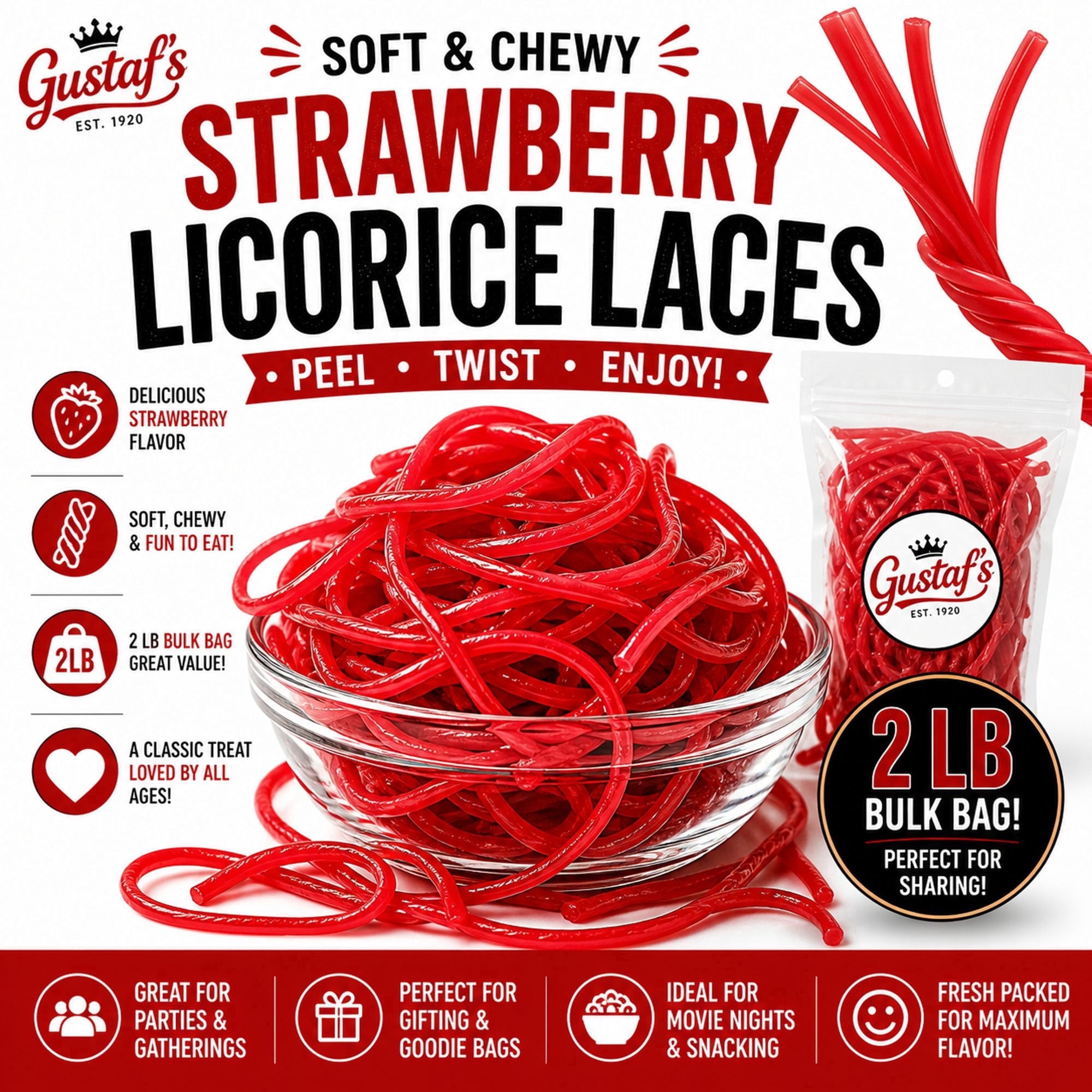 Gustaf's Licorice Laces Shoestring Red Strawberry 2 lbs
