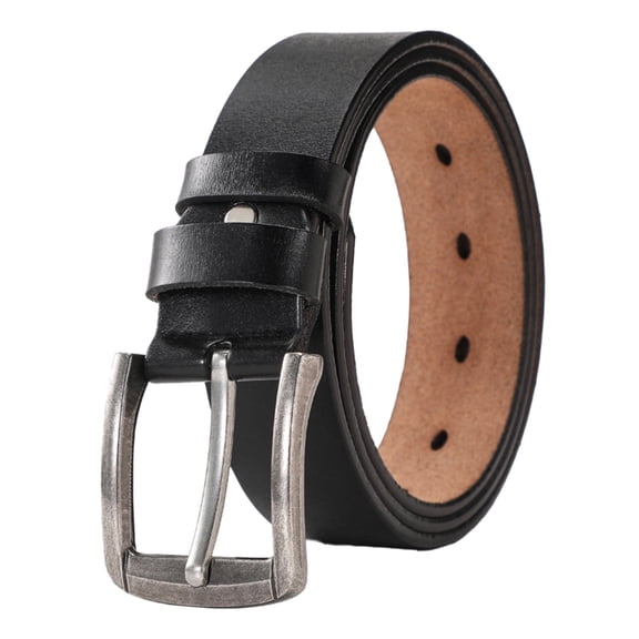 Black Belt for Men, 47.2in Casual Leather Antique Style Pin Buckle Waist Belt, Adjustable Punch Design
