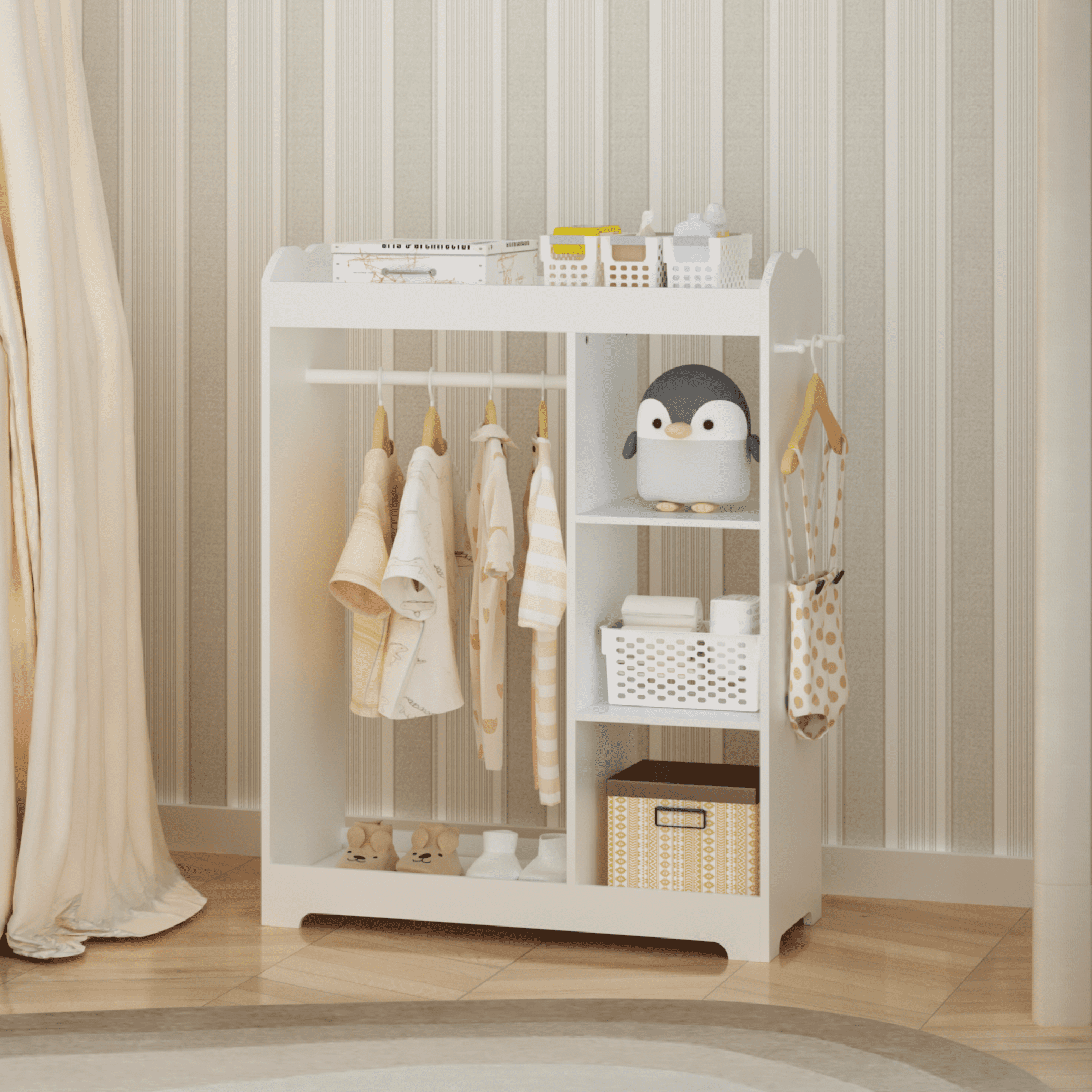 Kids Furniture Kids Dress Up Storage with Mirror and Hooks, Wooden Dress Up Clothes Rack with Hanging Rod, 3 Side Hooks, Storage Shelves and Top Shelf, Toddler Costume Organizer for Playroom Bedroom