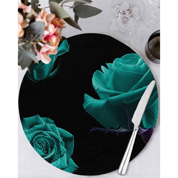 15 Inch Round Placemats Set of 4, Teal Blue Rose Non Slip Heat Insulation PP Table Mats, Vintage Abstract Garden Flower Floral Black Washable Place Mats for Kitchen Dining Party Table Decor