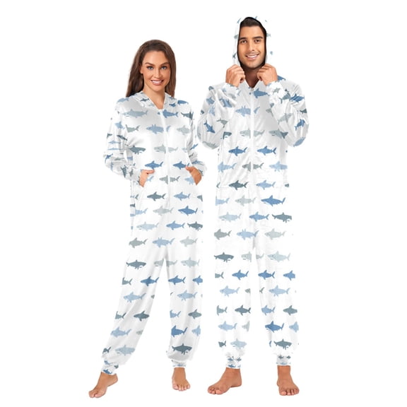 Adult Christmas Onesie Cute Shark Adult Zipper One-Piece Pajamas Unisex Pajamas with Pockets