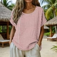 thumbnail image 2 of Lenpel Linen Tops for Women Cotton Short Sleeve Scoop Neck Curved Hem Striped T-Shirts Casual Tee Shirts Loose Tunic Blouses, 2 of 6