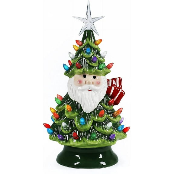 11" Ceramic Christmas Tree Tabletop Christmas Tree Lights with 50 Multicolored Lights and 1 Star Toppers for Table Top Desk Classic Series Xmas Decoration