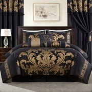 Chezmoi Collection Royal Luxury Jacquard Floral Comforter Set, Queen, Black/Gold, 7-Piece