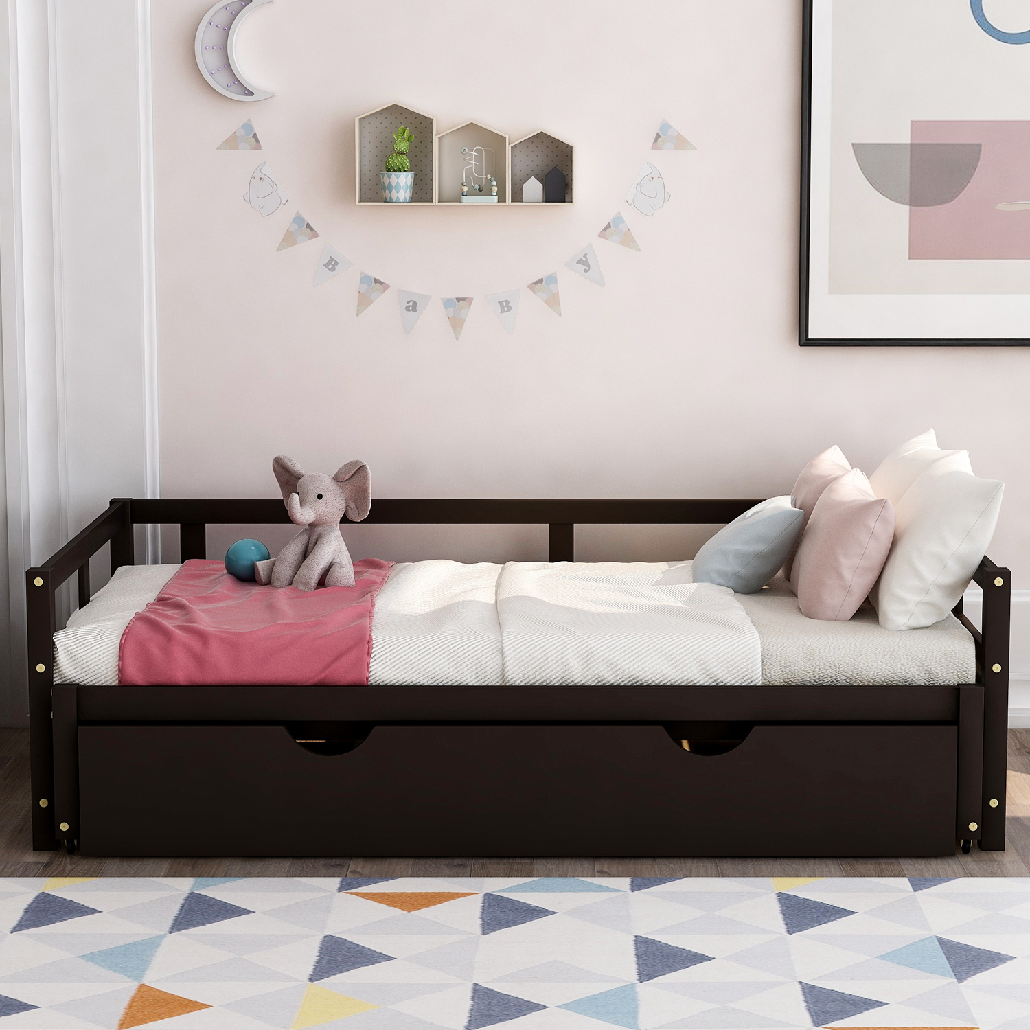 Gewnee Wood Twin Size Daybed,Convertible Daybed with Double Trundle for Kids,Espresso