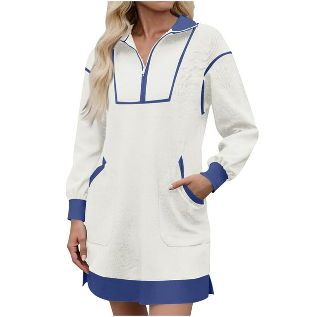 Lovzfmll Jupe-chemise de Sport pour Femme avec Demi-Fermeture Éclair, Col en V, Manches Longues, Robe Décontractée à Couleurs Contrastantes, Blanc, TG