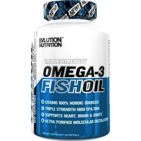 Evlution Nutrition Triple Strength Omega-3 Fish Oil Softgels, 1250 Mg, 120