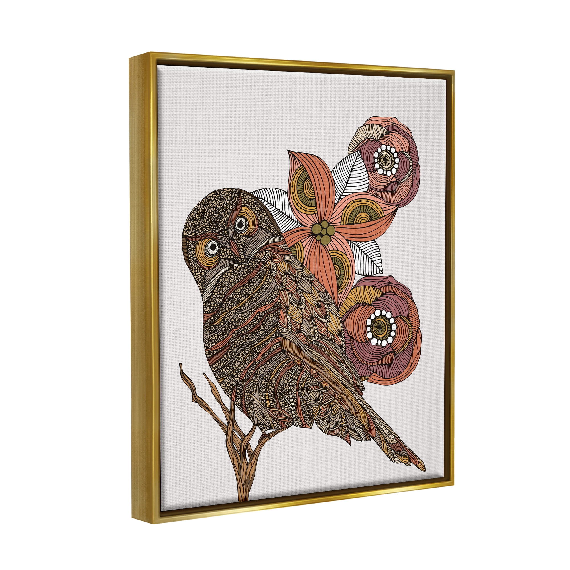 Stupell Industries Elaborate Patterned Owl Flower Blossom Stripes Detail Graphic Art Metallic Gold Floating Framed Canvas Print Wall Art, Design by Valentina Harper