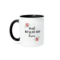 3dRose, Floral Best 60 Year Old Ever pink flowers cute 60th Birthday Girl Gift, 11oz Two-Tone Black Mug